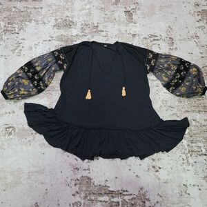 Free People Black Boho Tunic Dress Bell Sleeve Ruffle Hem